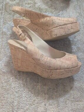 Stuart Weitzman Cork Peep-Toe Slingback Wedges in Nude Beige
